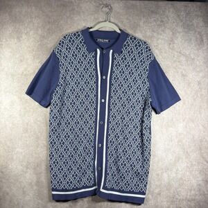 PJ Paul Jones Shirt Mens XL Blue Geometric Knit Button Up Short Sleeve Preppy